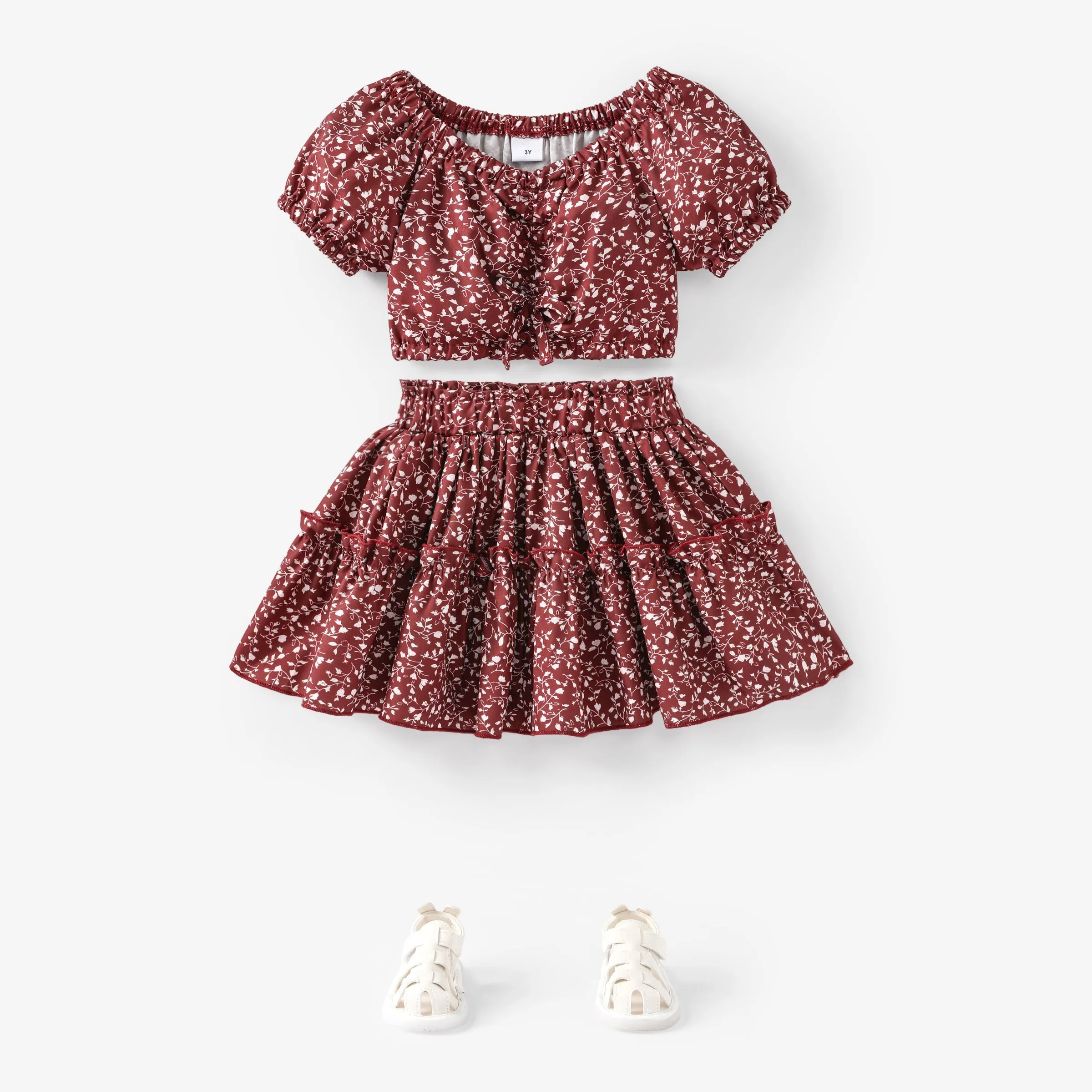 2pcs Toddler Girl Trendy Floral Print Tee and Layered Skirt Set