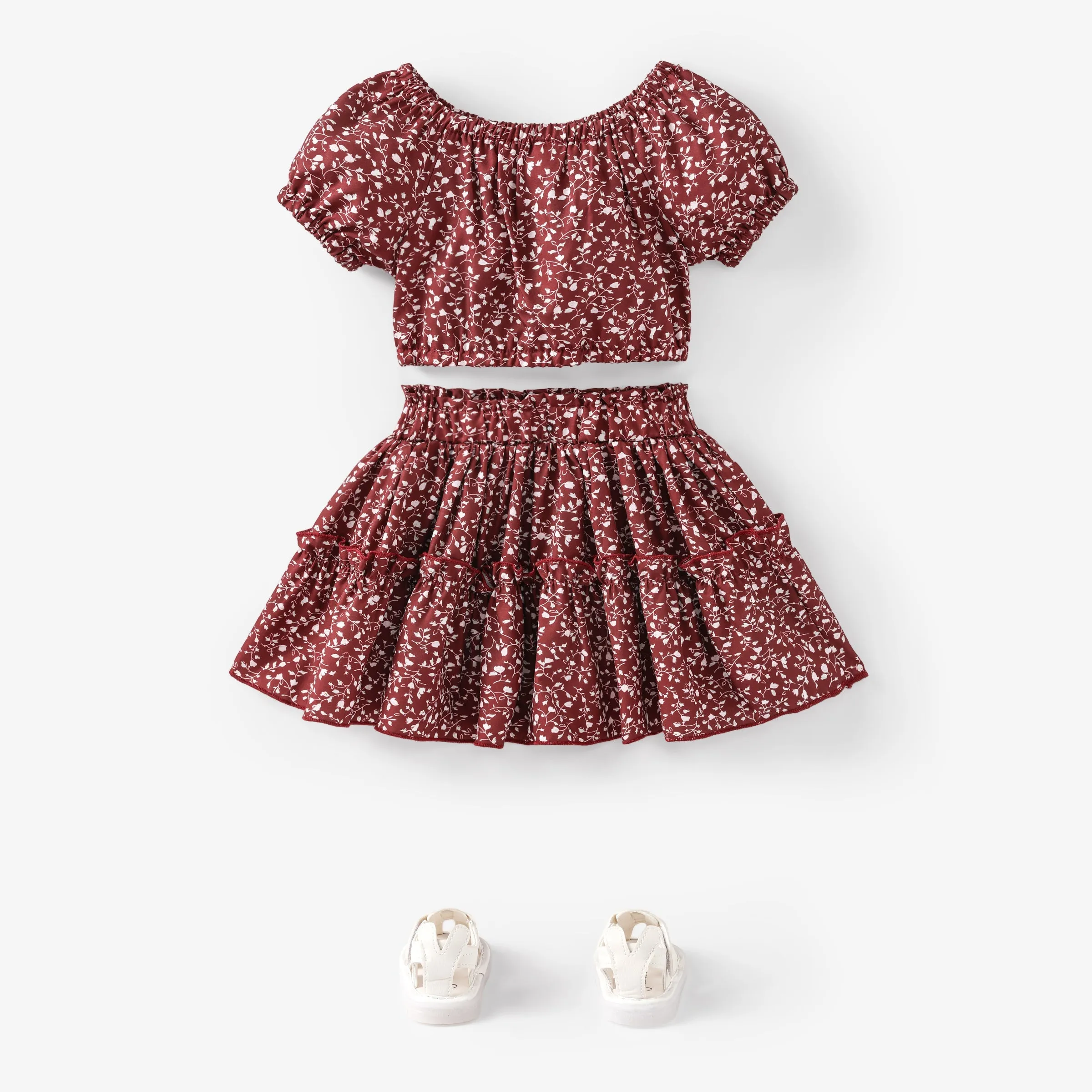2pcs Toddler Girl Trendy Floral Print Tee and Layered Skirt Set