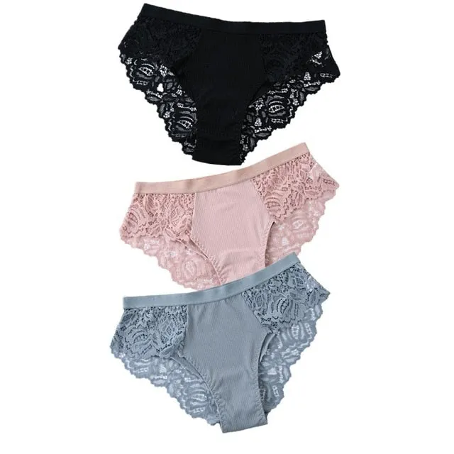 3 Pcs Lace & Cotton Brief Panties