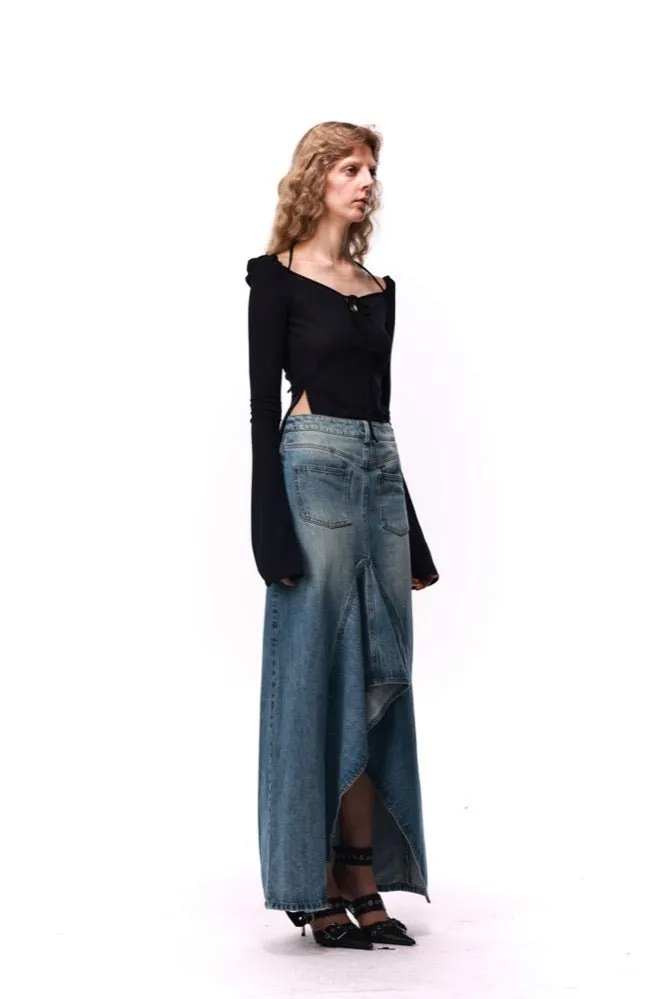 Asymmetric Denim MAXI Skirt