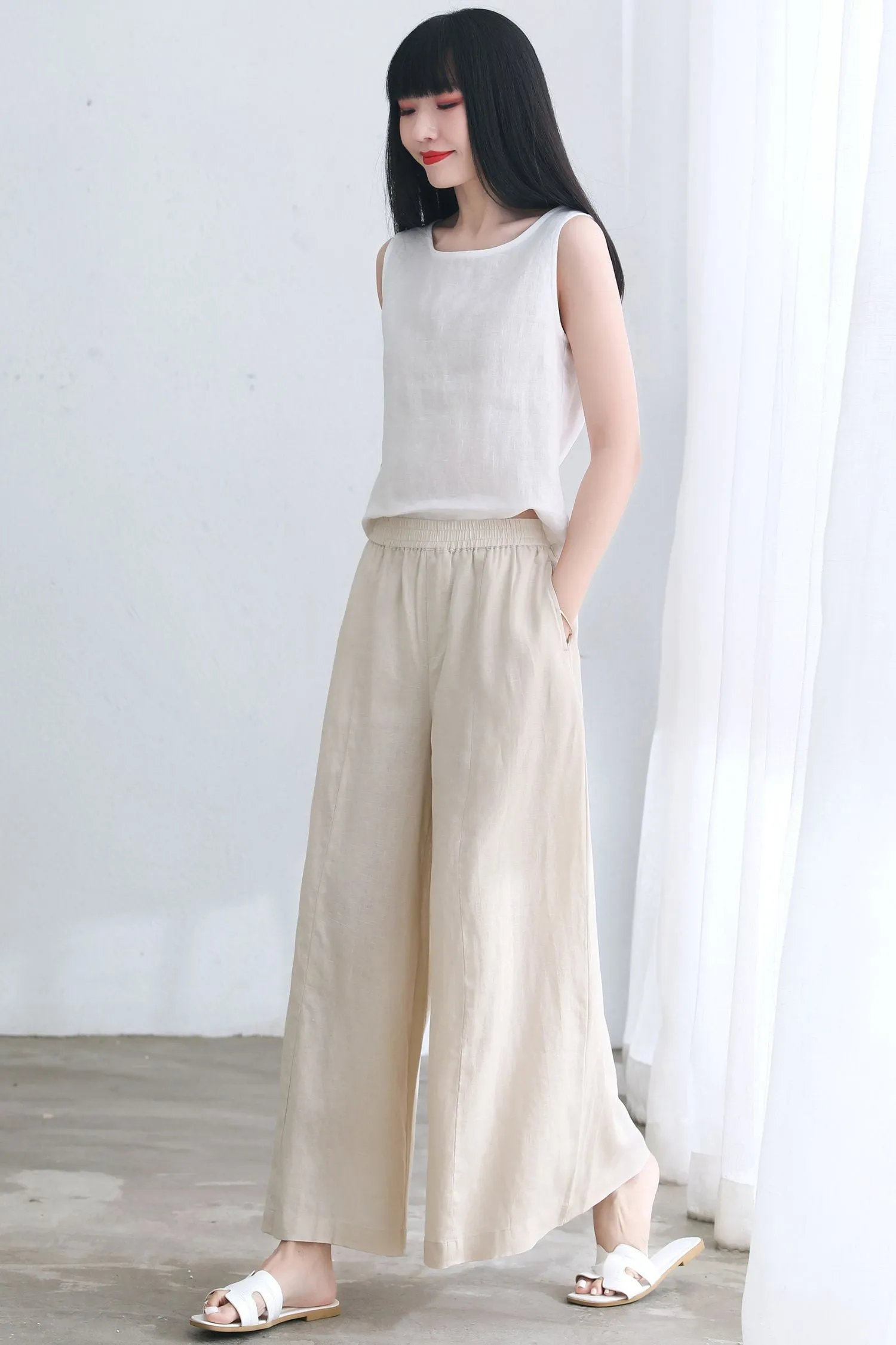 Beige Linen palazzo pants for Women C2660