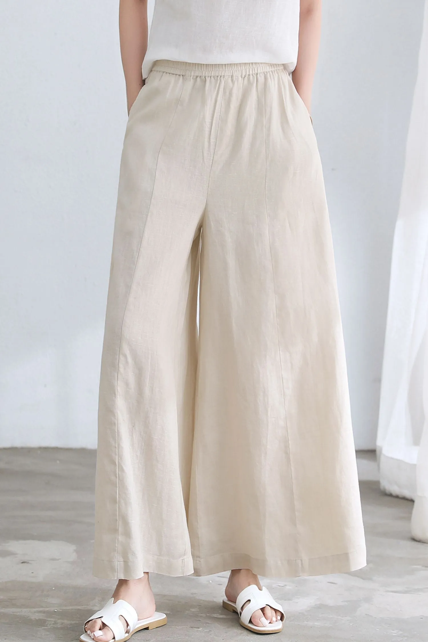 Beige Linen palazzo pants for Women C2660