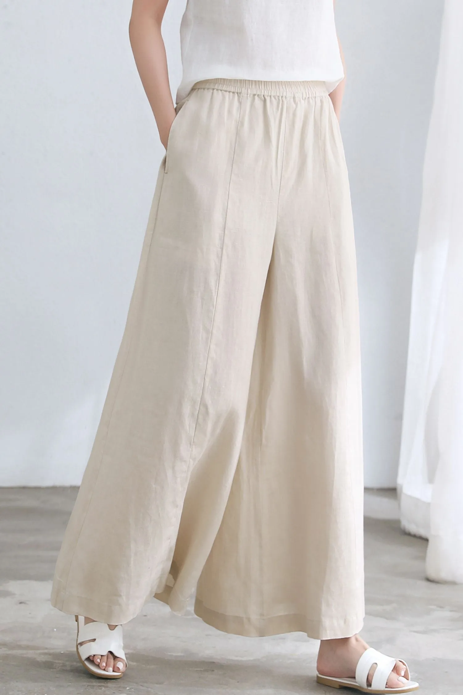 Beige Linen palazzo pants for Women C2660