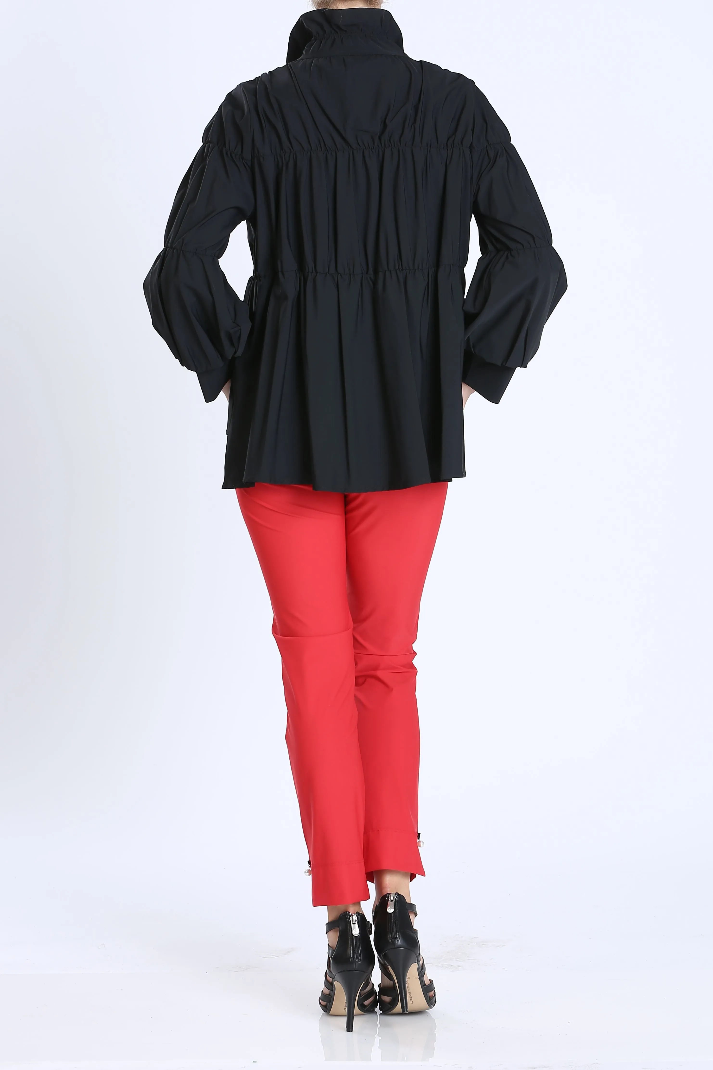 Black Shirred Sleeve Zip-Up Blouson Jacket