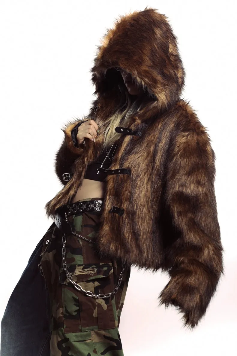 Brown faux fur hooded jacket buckle closure cropped fluffy bomber fuzzy rave coat Coachella pullover