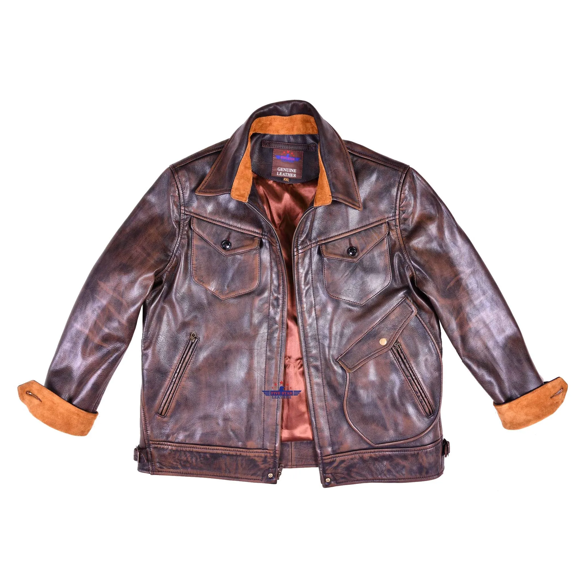 FiveStar Leather Men Classic Vintage look Ranch Jacket Real Goatskin Leather