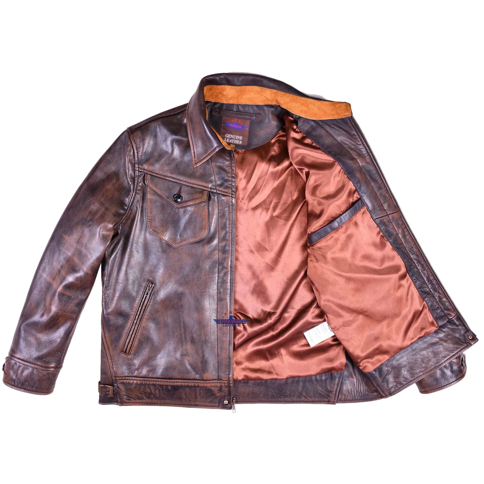 FiveStar Leather Men Classic Vintage look Ranch Jacket Real Goatskin Leather