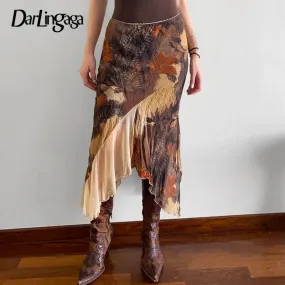 Grunge Fairycore Asymmetric Floral Printed Skirt For Women Vintage Low Waist Mesh Patchwork Midi Skirt Streetwear New