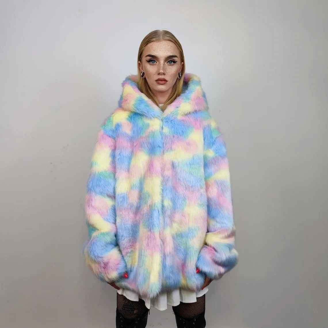 Hooded faux fur unicorn jacket rainbow bomber pastel raver coat fluffy tie-dye fleece festival puffer burning man barbie overcoat pink blue