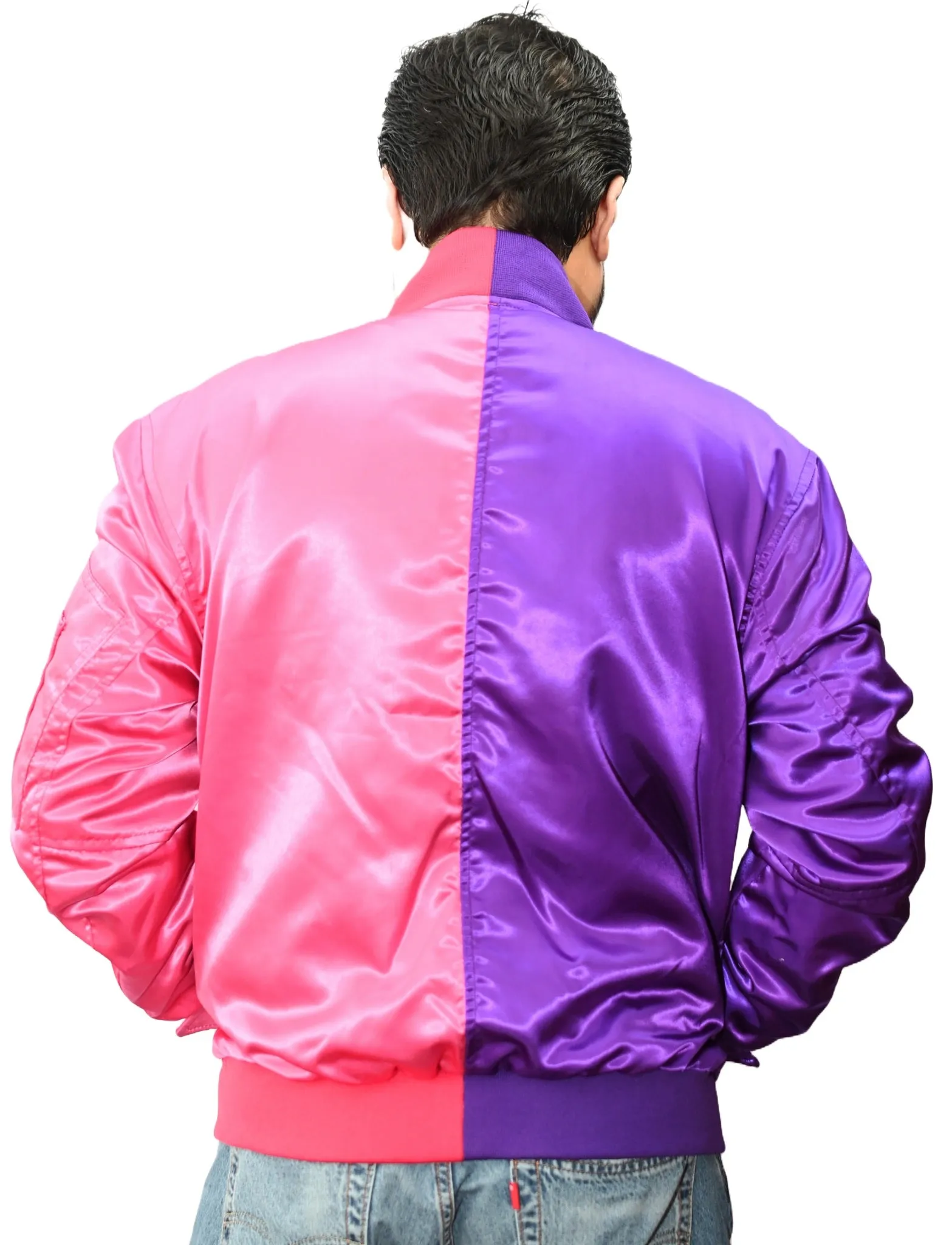Letterman Varsity Bomber Jacket Sports Wear Hot Pink and Purple Satin
