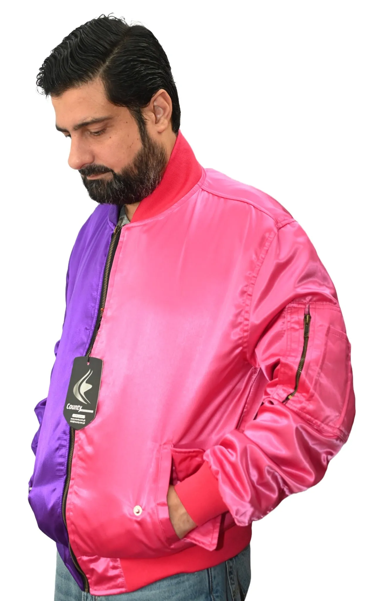 Letterman Varsity Bomber Jacket Sports Wear Hot Pink and Purple Satin