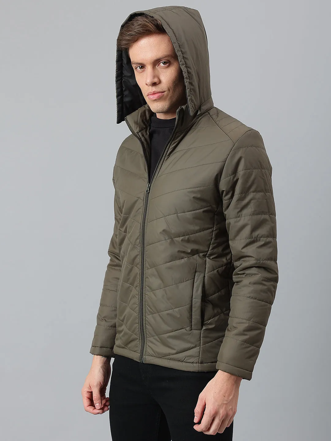 Men's Olive Regular Fit Hooded Winterwear Puffer Jackets