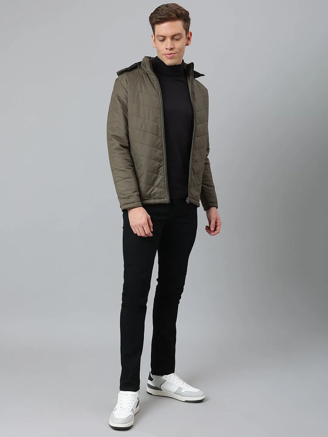 Men's Olive Regular Fit Hooded Winterwear Puffer Jackets