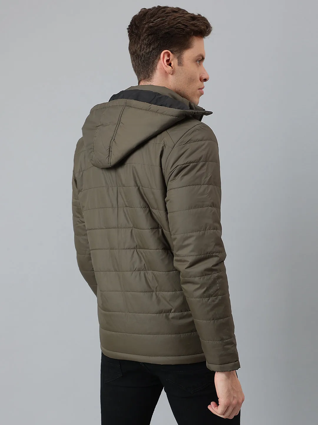 Men's Olive Regular Fit Hooded Winterwear Puffer Jackets