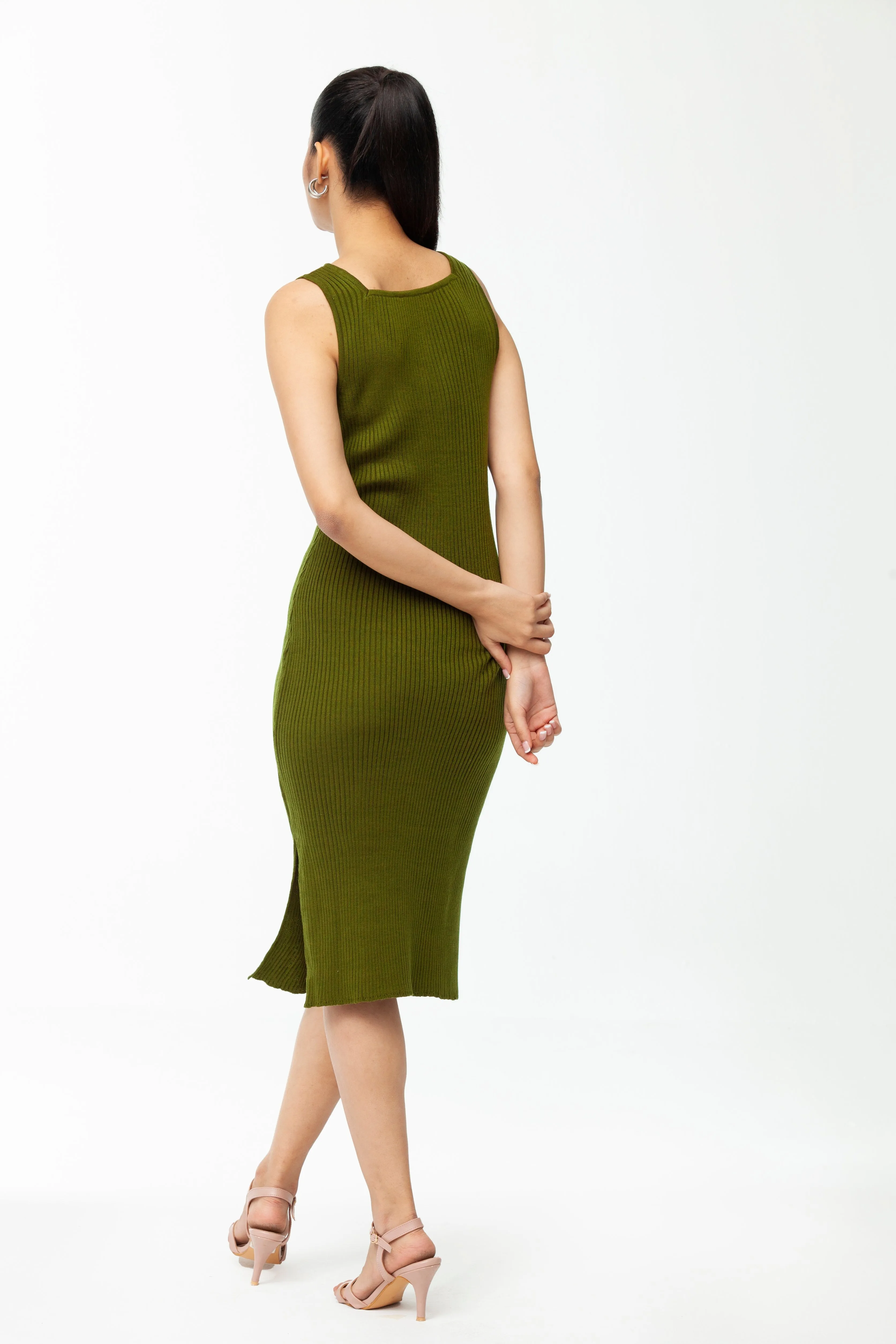 OLIVE GREEN SWEETHEART NECK LINE LONG BODYCON DRESS