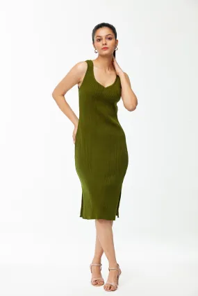 OLIVE GREEN SWEETHEART NECK LINE LONG BODYCON DRESS