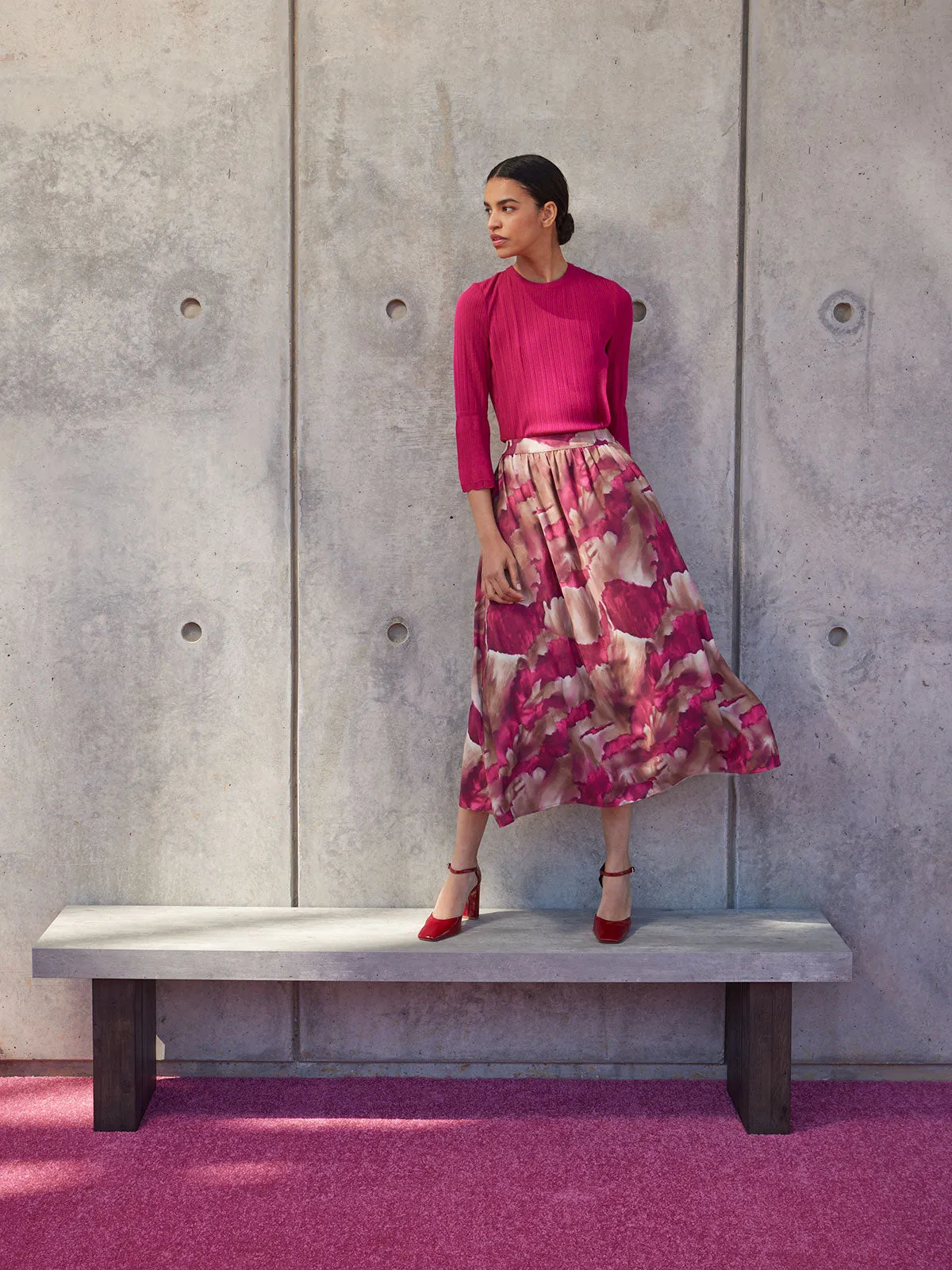 Pull-On Woven Watercolor Print Maxi Skirt