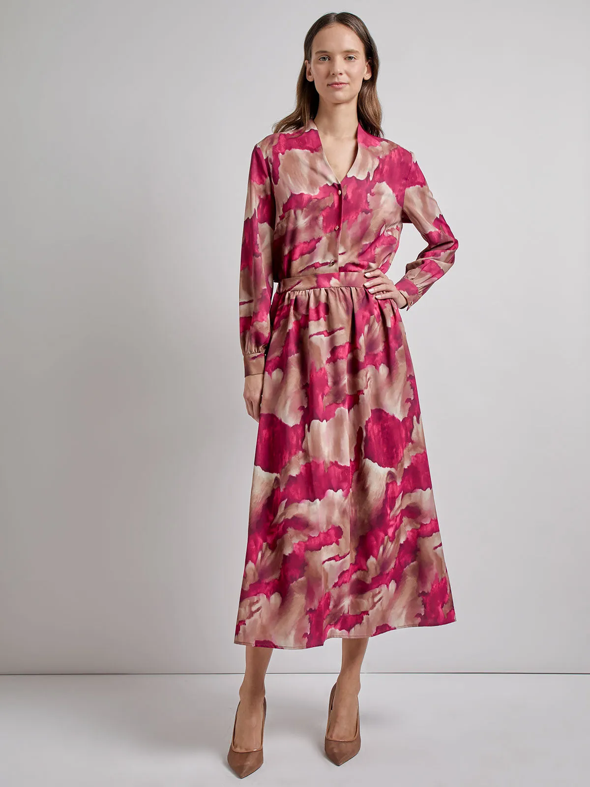 Pull-On Woven Watercolor Print Maxi Skirt