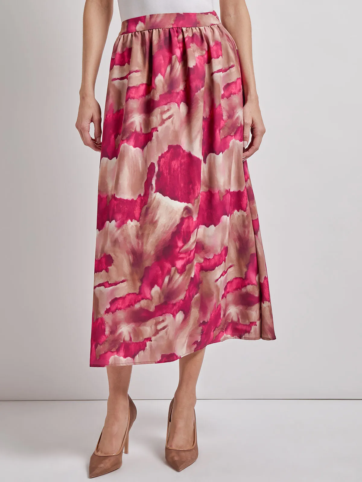 Pull-On Woven Watercolor Print Maxi Skirt