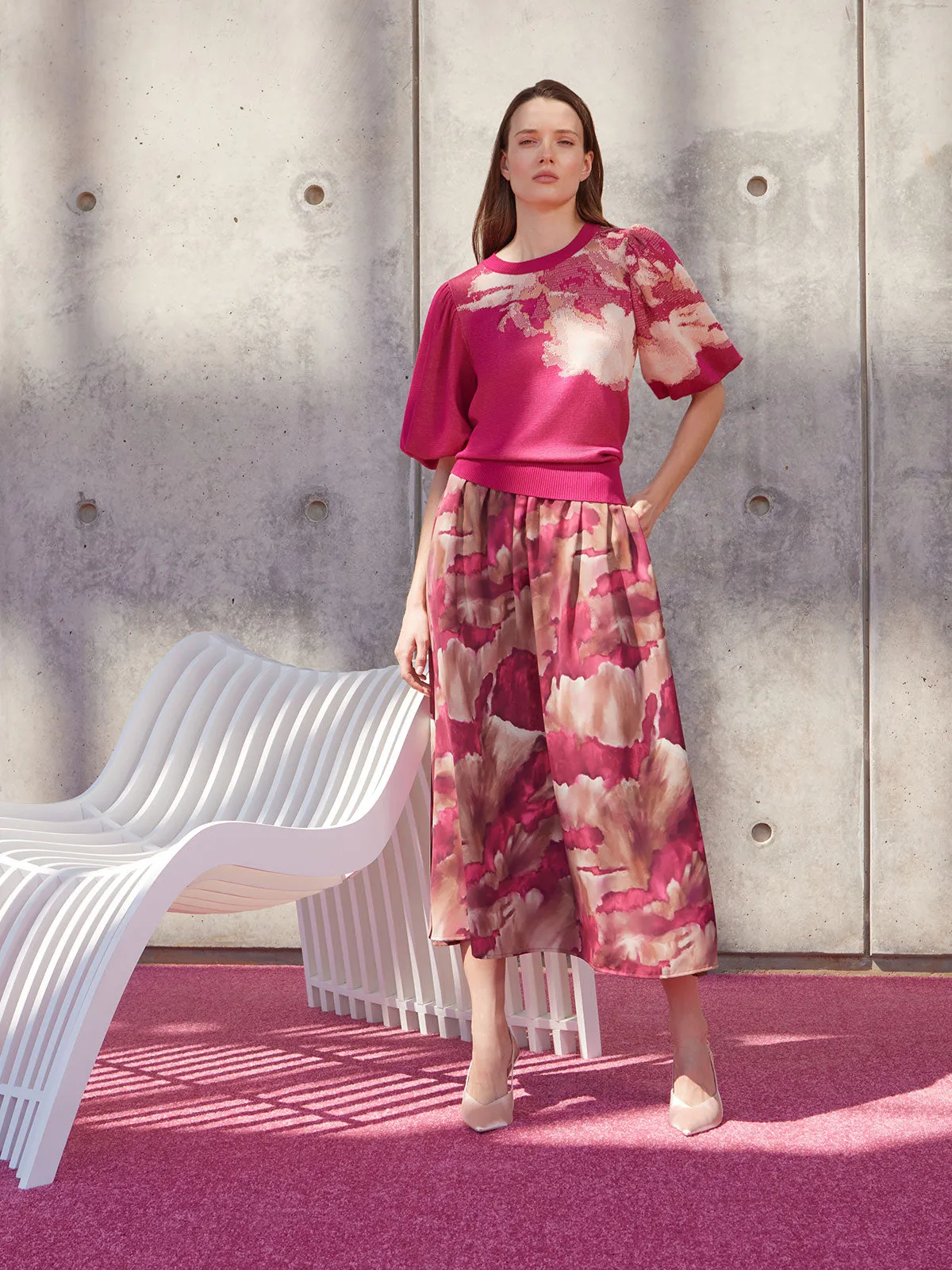 Pull-On Woven Watercolor Print Maxi Skirt