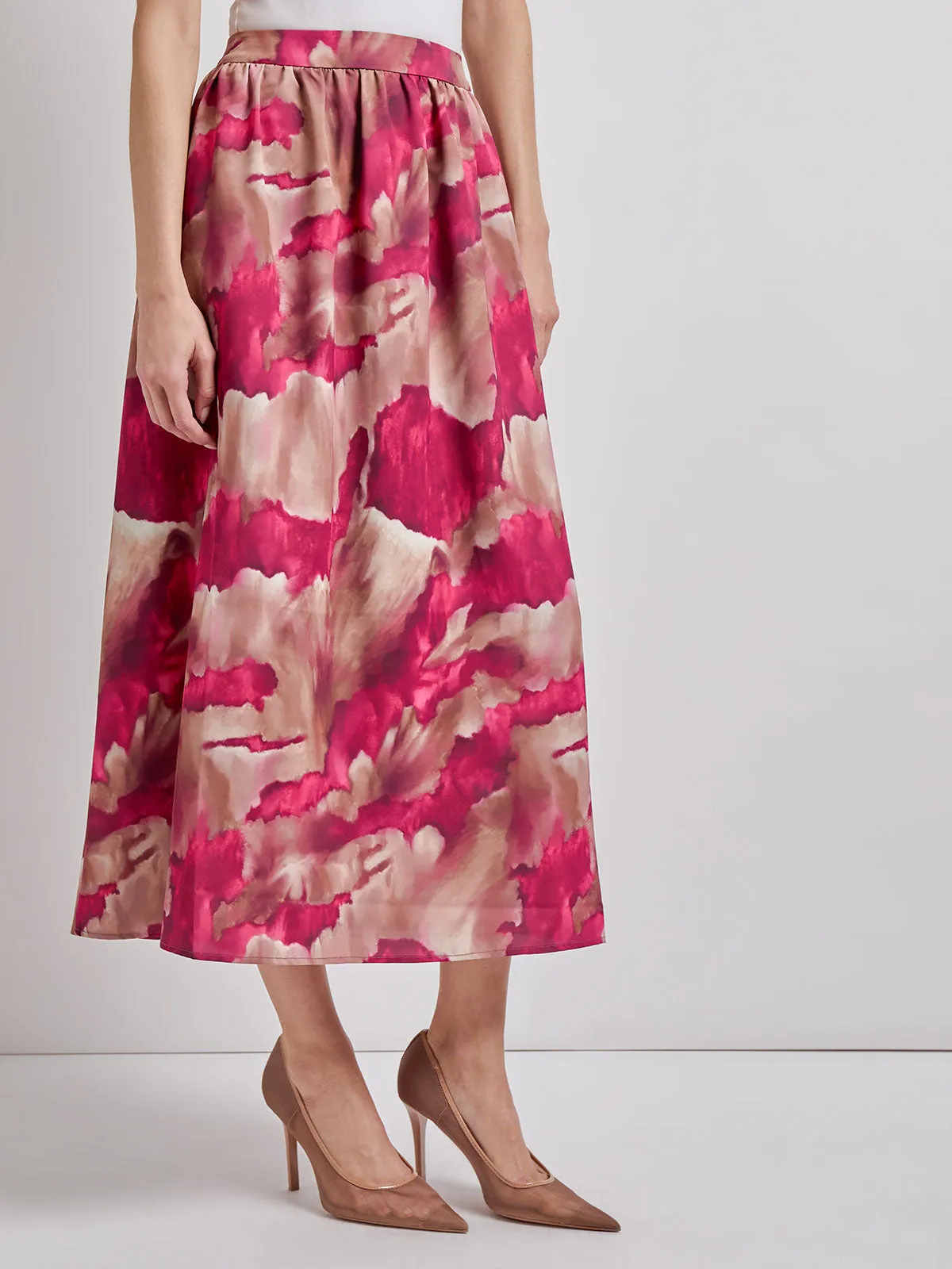 Pull-On Woven Watercolor Print Maxi Skirt