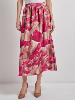 Pull-On Woven Watercolor Print Maxi Skirt