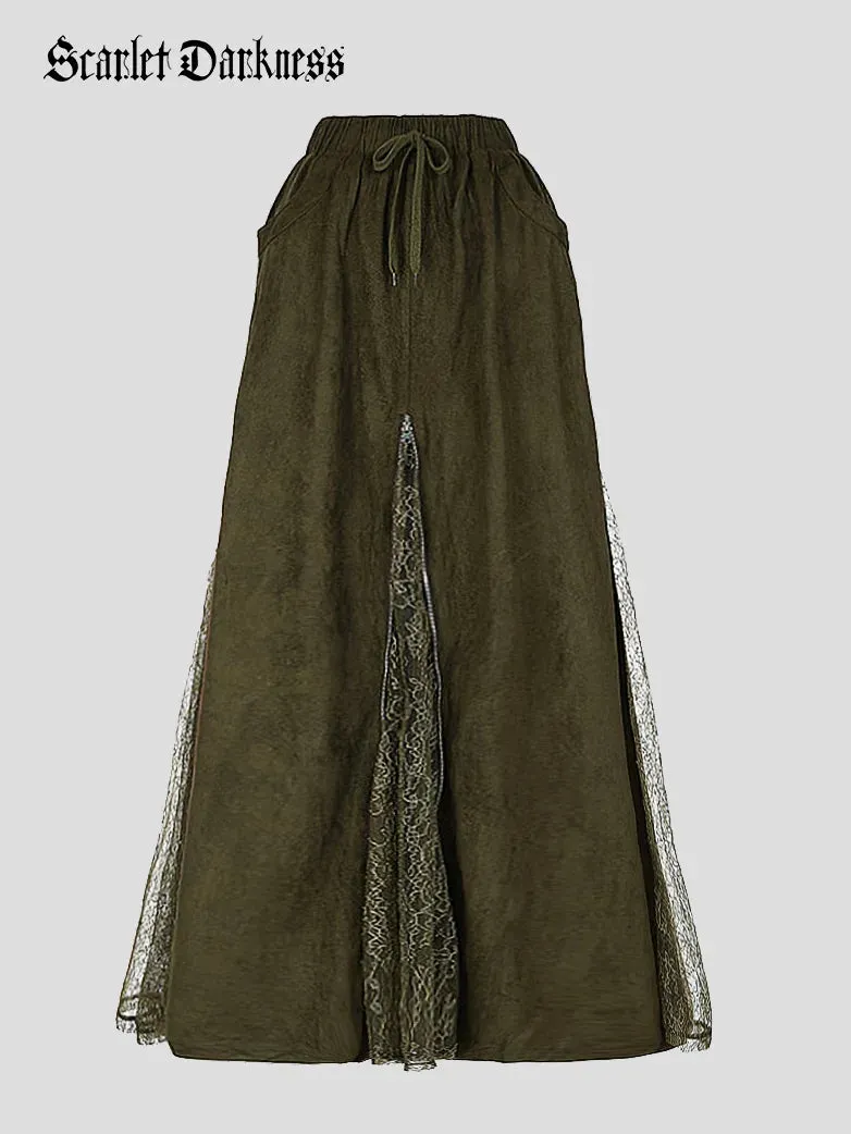 Renaissance Mist Retro Splicing Lace Pocket Skirt