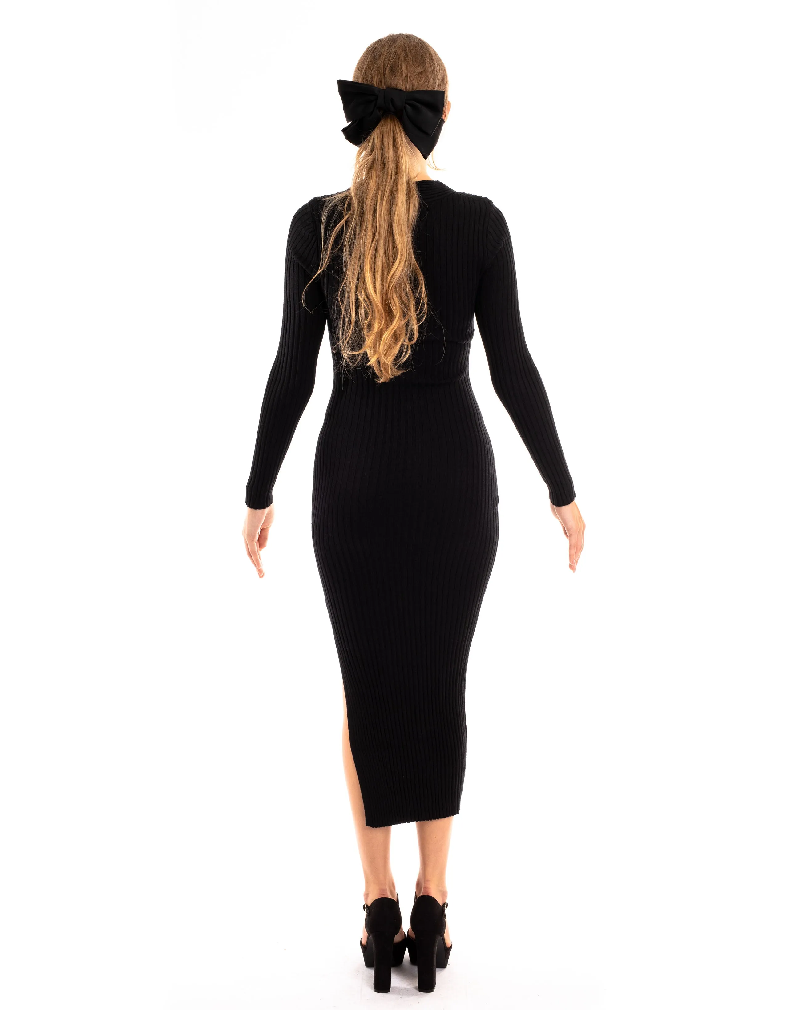 Soft Knitted Ribbed Midi Bodycon front twist design Dress In Black